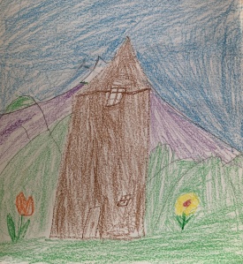 a child's crayon drawing of a home with colorful flowers and a snow-capped mountain peak in the distance
